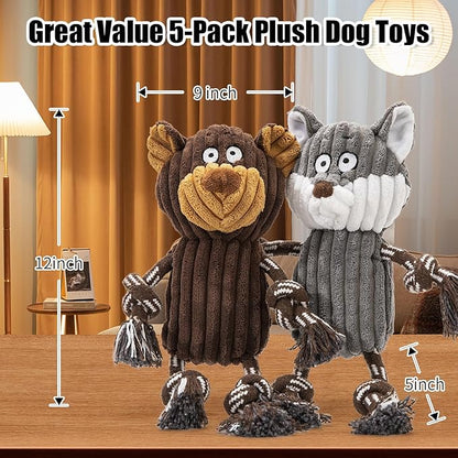 5 pack Large dog Squeaky Toys,Tough Stuffed Plush dog chew Toys Assortment ,Durable plush Animal dog Toys with Tug of War Rope to Keep Them Busy, Puppy Toys Value Bundle for Small Medium Large Dogs