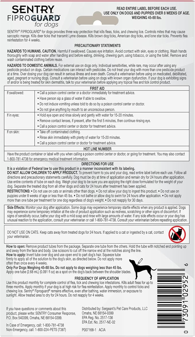 Sentry Fiproguard for Dogs, Flea and Tick Prevention for Dogs (45-88 Pounds), Includes 3 Month Supply of Topical Flea Treatments