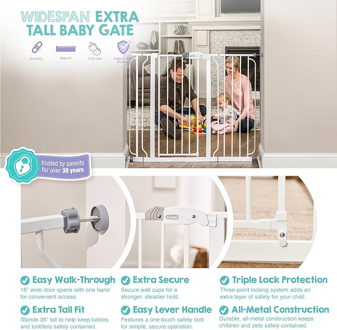 Regalo Safety 36" Extra Tall and 49" Wide Baby Gate for Doorways & Bottom of Stairs, Pressure Mounted Walk Through Baby Gate for Toddlers & Pets, Tested & Safe, American Designed, American Owned