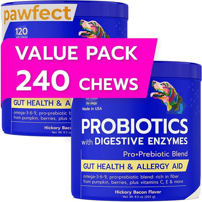 Vet Approved Probiotics & Digestive Enzymes for Dogs | Gut Health & Digestive Function Support | Pumpkin & Omega | Diarrhea, Seasonal Allergies & Itching | Prebiotic Supplement Chew (Pack of 2)