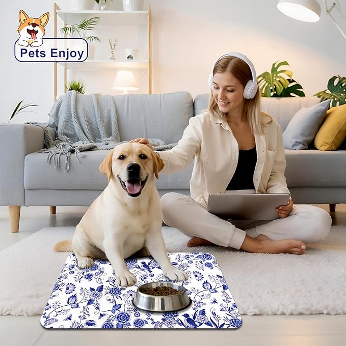 Dog Food Mats for Floors Waterproof Mat for Cat Food and Water Bowls - Absorbent Quick Dry Non Slip Mat for Pet Feeding