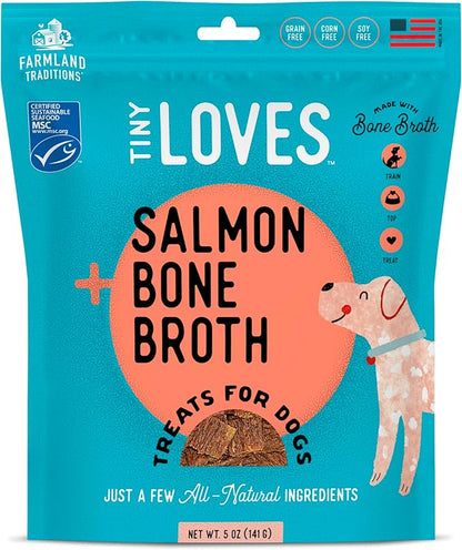 Farmland Traditions Tiny Loves Jerky Trainer Treats for Dogs w/Bone Broth (Salmon, 5 oz.)