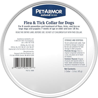 PetArmor Extend Large Dog Flea and Tick Treatment & Prevention, Collar for Large Dogs Above 18 lbs., 8 Months of Protection, Odorless & Non-Greasy, Waterproof, Kills Fleas, Ticks, and Larvae, 2 Count