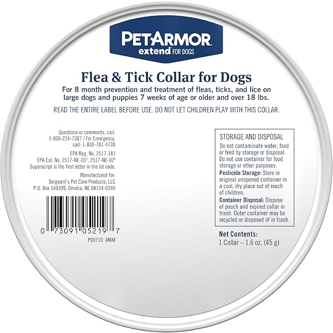 PetArmor Extend Large Dog Flea and Tick Treatment & Prevention, Collar for Large Dogs Above 18 lbs., 8 Months of Protection, Odorless & Non-Greasy, Waterproof, Kills Fleas, Ticks, and Larvae, 1 Count