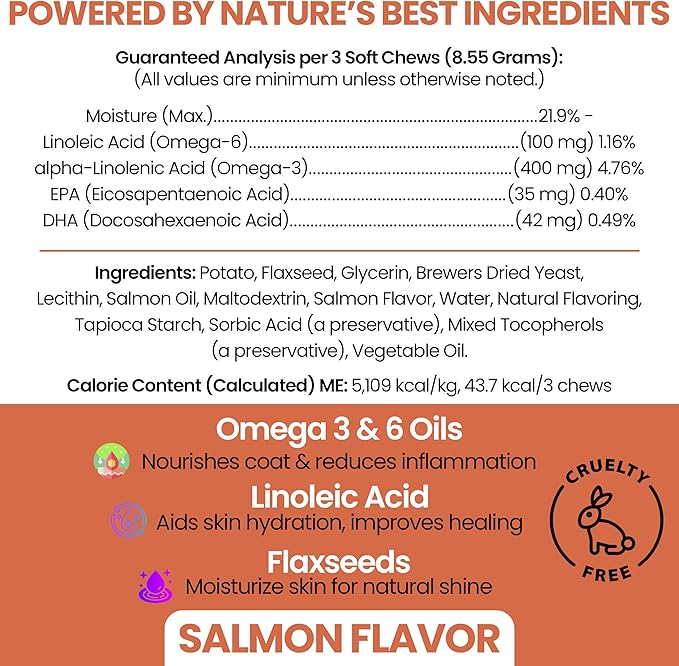 Salmon Oil for Dogs - Soft Chew Omega Treats for Skin and Coat - Fish Oil Blend of Essential Fatty Acids, Omega 3 and 6, Vitamins, Antioxidants and Minerals - Made in USA (180 Chews, Salmon)