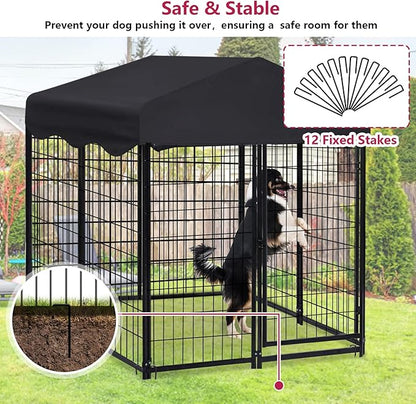 Dog Kennel Outside, 4.5' x 4' x 4' Dog Kennel Outdoor with Roof for Medium Small Dogs, Outdoor Dog Cage Dog Pen with Waterproof & UV-Resistant Cover, 12 Nails for Stablility, 2 Sets