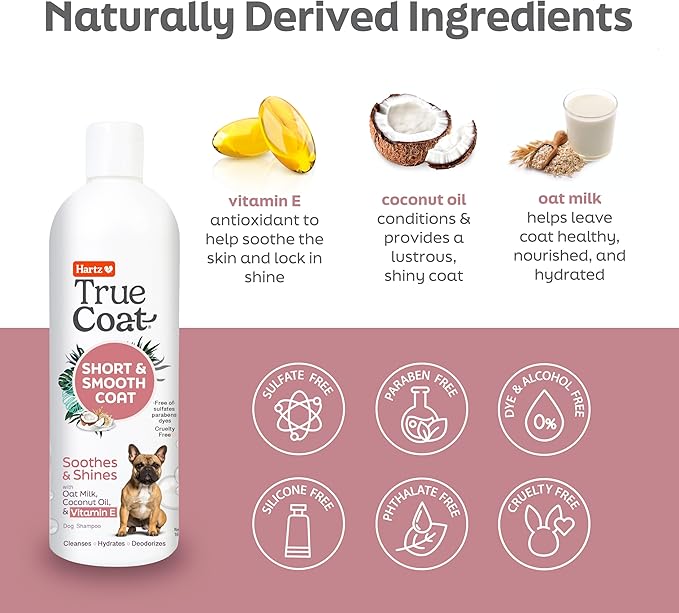 Hartz True Coat Short & Smooth Coat Dog Shampoo, 5 in 1 Soothes & Shines with Oat Milk, Coconut Oil & Vitamin E, 16 oz
