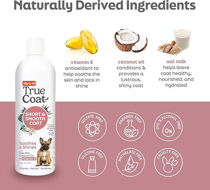 Hartz True Coat Short & Smooth Coat Dog Shampoo, 5 in 1 Soothes & Shines with Oat Milk, Coconut Oil & Vitamin E, 16 oz