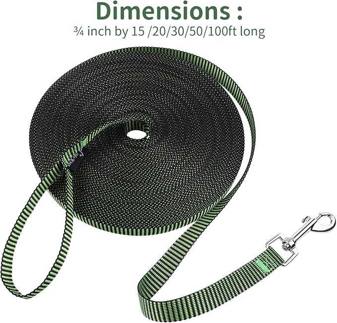 Hi Kiss Dog/Puppy Obedience Recall Training Agility Lead - 15ft 20ft 30ft 50ft 100ft Training Leash - Great for Training, Play, Camping, or Backyard(20ft,Black_Green)