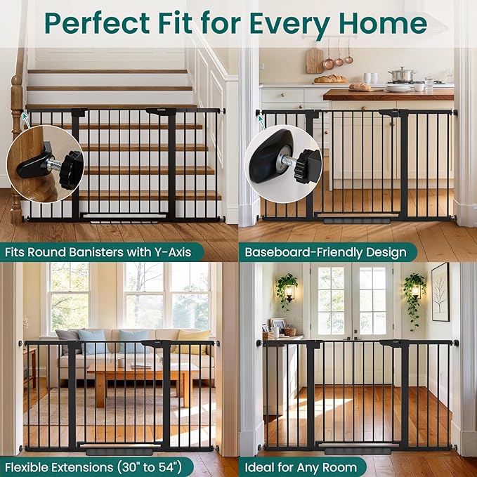 Cumbor 2-Pack Baby & Dog Gates Bundle, 29.7-48" & 30-54" Extra Wide Safety Gates for Stairs Doorways Hallways, Dual Lock Auto Close Easy Install Pet Gate, Black