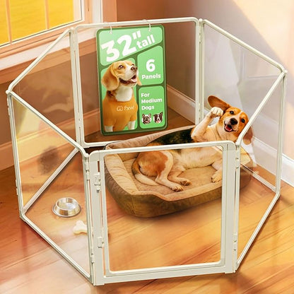 FXW AuraSpace Pro Acrylic Indoor Dog Playpen, Heavy-Duty with Metal Frame, 32" Height 6 Panels for Small and Medium Dogs, White│Patented