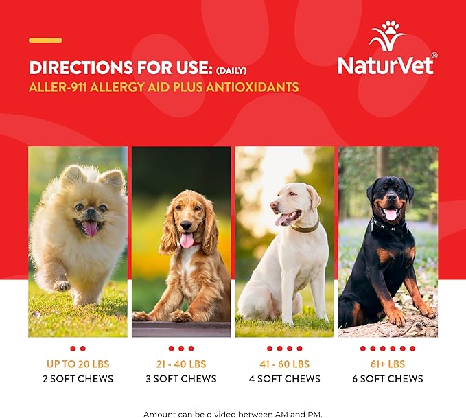 NaturVet Aller-911 Advanced Allergy Aid for Dogs, Cats – Antioxidant-Rich Pet Supplement with Omegas, DHA, EPA – Helps Support Dog Immune System, Cat Respiratory Health, Skin Moisture 70 Soft Chews