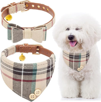 EXPAWLORER Dog Collar and Bandana Set - Classic Plaid Dog Bow Tie and Bandana Collar with PU Leather, Adjustable Collars for Small Medium Large Dogs Cats, Holiday Ideal Gift, Beige SM