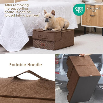 EHEYCIGA Dog Stairs for Small Dogs 13.5" H, 3-Step Dog Steps for Couch Sofa and Chair, Pet Steps for Medium Cats, Non-Slip Balanced Pet Ramp Indoor, Brown