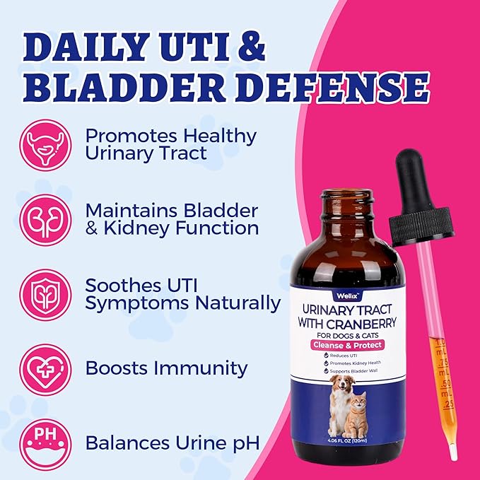 4oz Wellix Natural Cat & Dog UTI Treatment Drops,Cat & Dog Urinary Tract Infection Treatment - Cranberry & D-Mannose for Dogs & Cats - Kidney Health Supplement