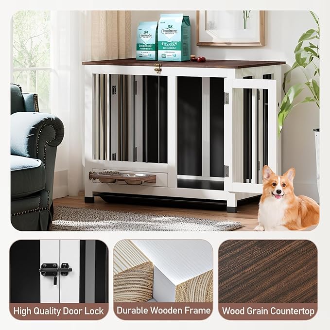 31.5" Dog Crate Furniture - Wooden Dog Kennel with 360° Rotating Feeder & Removable Tray | Indoor Multi-Functional End Table for Medium & Small Dogs, White Dog Cage, Portable Pet Furniture