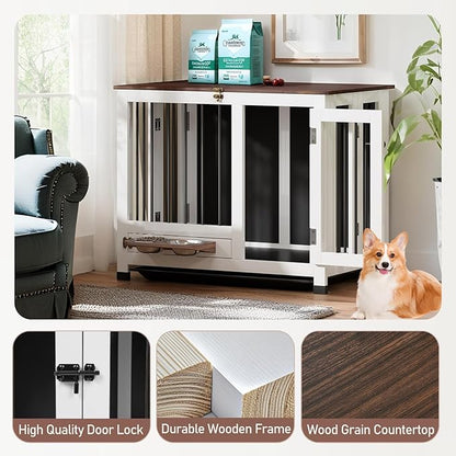 31.5" Dog Crate Furniture - Wooden Dog Kennel with 360° Rotating Feeder & Removable Tray | Indoor Multi-Functional End Table for Medium & Small Dogs, White Dog Cage, Portable Pet Furniture