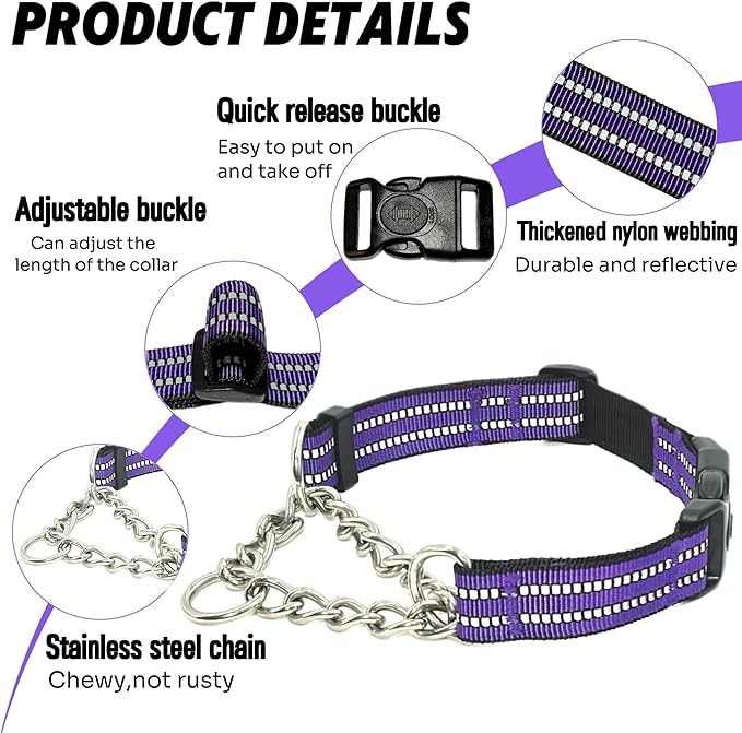 Martingale Dog Collars, Reflective Nylon Collar with Stainless Steel Chain, Adjustable Walking Training Dog Collars with Quick Release Buckle, Suitable for Small Medium Large Dogs(Purple,M)