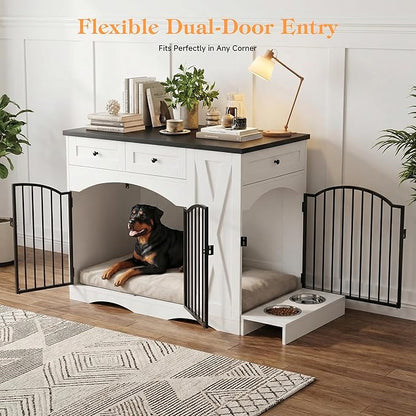 43.3" Furniture Style Dog Crate with 3 Storage Drawers, Heavy Duty Wood Pet Kennel with Removable Feeder, Modern End Table Dog House with Dual Doors for Large Dogs (41-70 lbs) (Black)