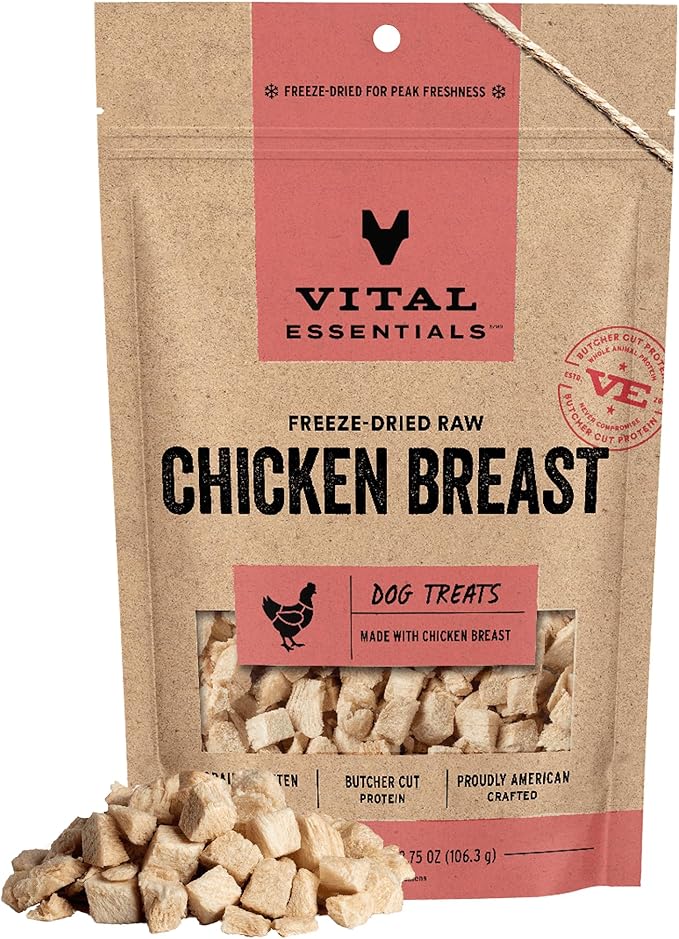 Vital Essentials Freeze Dried Dog Treats | Chicken Breast, Single Ingredient | Premium Quality | Grain Free Training Treats for Dogs, 3.75 oz Bag