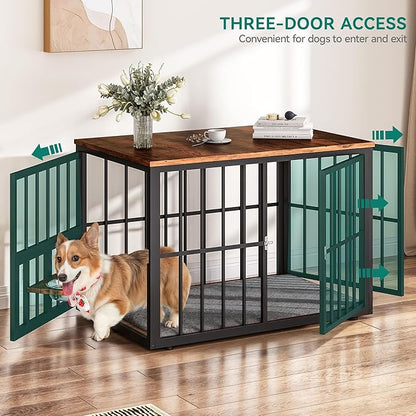 88.6" Large Dog Crate Furniture, Wooden Dog Kennel with Bowls & 3 Doors, Double Crate Furniture TV Stand for Medium Large Dogs, Brown