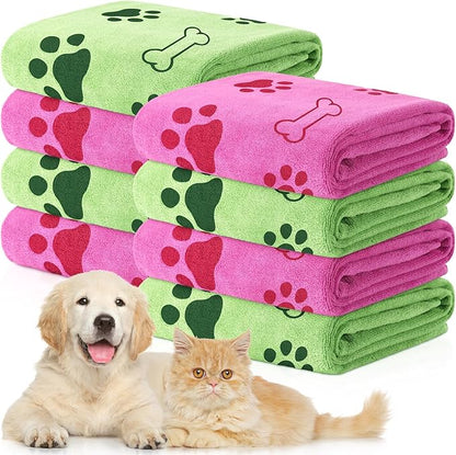 Chumia 8 Pcs Dog Towels for Drying Dogs Cats Pet Towels Bulk Puppy Microfiber Fast Drying Paw Bath Bathing Supplies Absorbent for Medium Pets(40 x 24 Inch,Dog Paw and Bone,Hot Pink,Green)