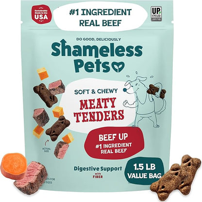 Shameless Pets Soft & Chewy Dog Treats, Beef Up Meaty Tenders, 1.5lb – Real Beef is 1st Ingredient – Grain Free, No Corn or Soy – Digestive Support – for Small, Medium & Large Dogs