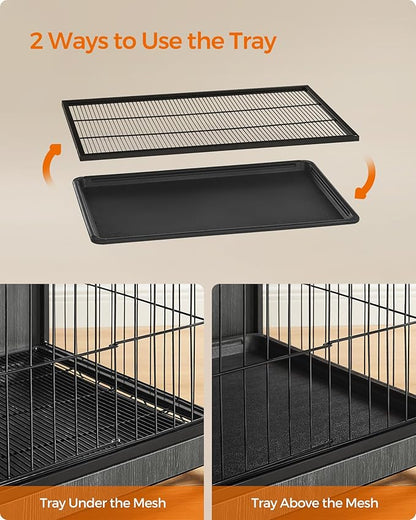 Feandrea 38.6" Dog Crate Furniture, Indoor Dog Cage Side End Table, XL Pet Wood Kennel for Large and Medium Dogs up to 70 lb with Multi-Purpose Removable Tray, Double-Door Pet House, Ink Black