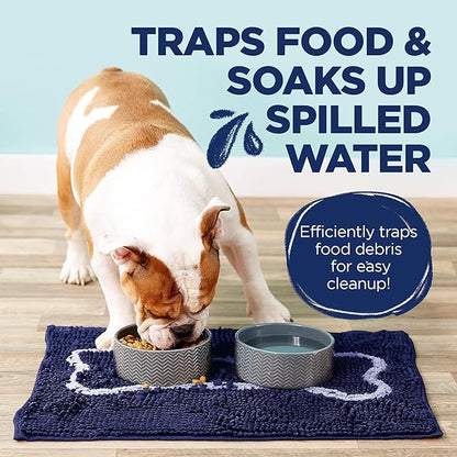 Soggy Doggy Slopmat Dog Food Mat – Absorbent Microfiber Chenille Pet Feeding Mat for Food & Water Bowls, Muddy Paws Small Doormat, Non-Slip, Machine Washable Rug – Navy Blue/Oatmeal Bone, 18” x 24”