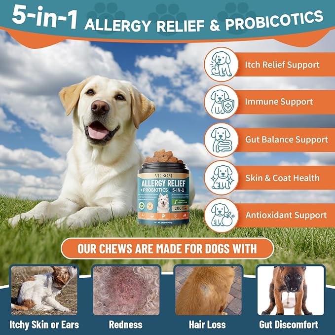 Dog Allergy Chews with Probiotics for Dogs, 200 Dog Allergy Relief Treats for Dogs Immune Support & Itching Skin Relief, Ears, Eyes, Paws Support, Dog Probiotics for Gut Health, Chicken Flavor