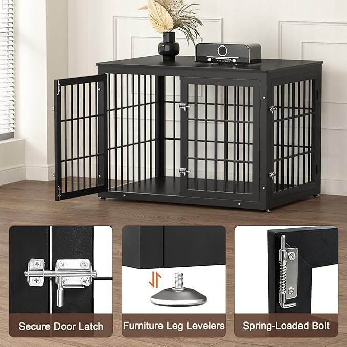 rehomerance 42 Inch Heavy Duty Dog Crate Furniture for Large and Medium Dogs, Decorative Pet House End Table, Wooden Cage Kennel Furniture Indoor, Black