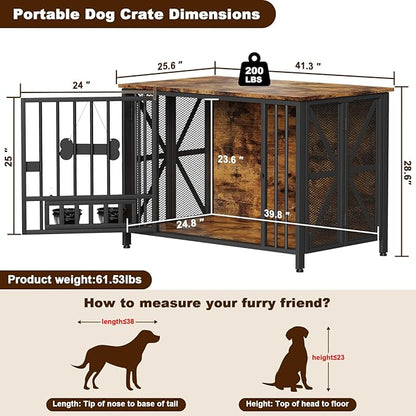Easycom Foldable Large Dog Crate Furniture, 41.3" Assembly-Free Dog Crates for Large Dogs, Wooden Dog Kennel Indoor with Tag & Dog Bowls, Dog Cage Use as TV Stand, Rustic Brown