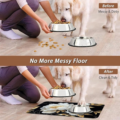 White Flowers Pet Feeding Mat,Glitter BloomingAbsorbent Quick-Dry Cat Dog Food and Water Bowl Mats,Non-Slip Rubber Backing Mat,Cat Dog Accessories Supplies 16"x24"