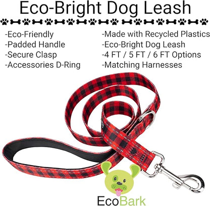 EcoBark Dog Leash - Soft & Reflective Comfort Leash with Padded Handle - Safe, Strong, & Durable for Small, Medium or Large Dogs (Red Buffalo Plaid)