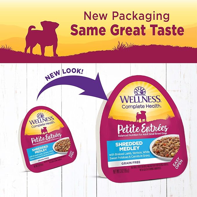 Wellness Petite Entrees Shredded Medley Small Breed Adult Wet Dog Food, Grain Free, Natural, Braised Lamb, Venison, White Sweet Potato, and Carrots, 3 oz, Pack of 12 Cups