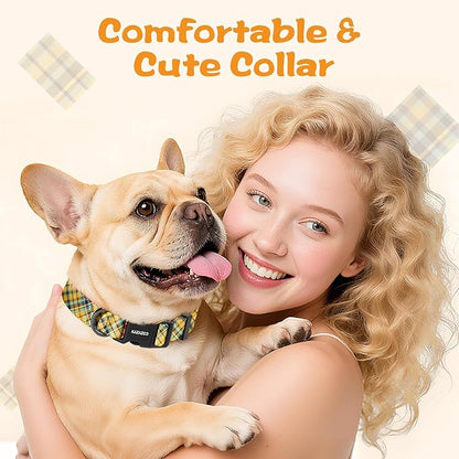 Kazazoo Dog Collar Cute and Soft Nylon Puppy Collar for Boy and Girl, Adjustable Dog Collars for Small Medium Dogs, Yellow&Blue Plaid-S