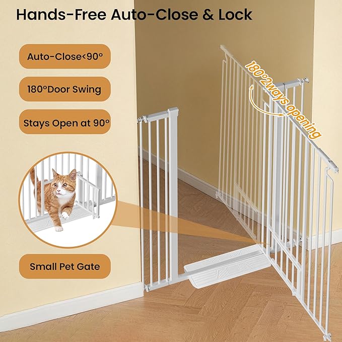 53.15" Extra Tall Cat Gate for Doorway, 29.53"-40.16" Wide Auto Close Safety Pet Gate with Small Cat Door, NO Drilling Pressure Mount Kit for Cats and Dogs, White