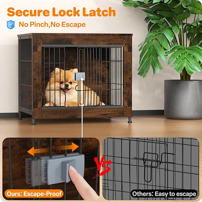 Dog Crate Furniture, Wooden Dog Crate 27in, Decorative Cage with End Table for Dog Indoor Kennel, High Anxiety Dog, Escape-Proof Locks for All Breeds