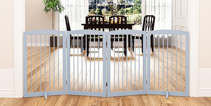 PUPETPO Freestanding Pet Gate for Dogs, Indoor Wooden Dog Gate for House, Foldable Dog Gate for Doorway, Stair, Gates for Dogs Indoor, 80 Inch Wide, 4 Panels 32", Grey