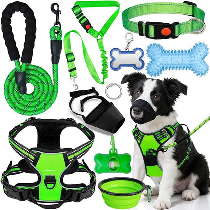 No Pull Dog Harness Adjustable Collar & Leash Set - Dog Halter Harnesses Collapsible Bowls & Poop Bag Dispenser Muzzle ID Tags Toys Fits Small Medium Large Dogs (Green-M)