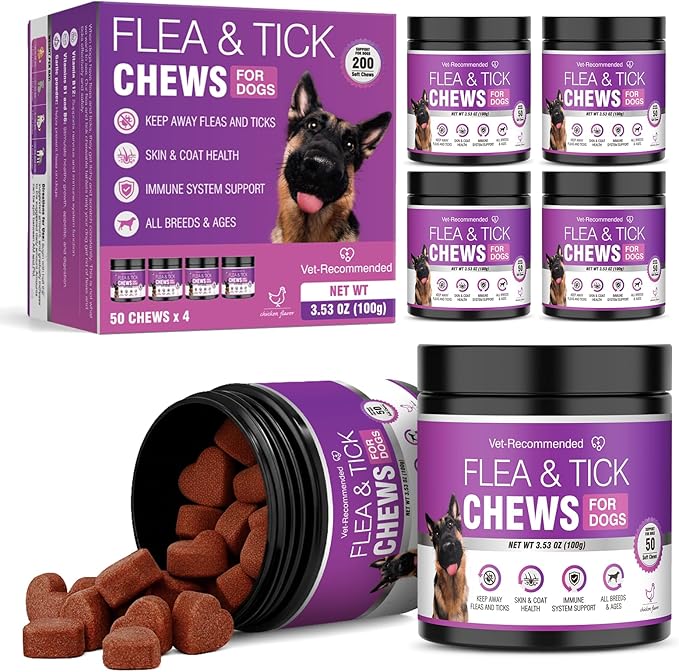 Dog Flea and Tick Treatment Chewable for 50 Count (4 Pack) Pet Control Oral Flea and Tick Chewable Supplement Fleas Ticks Prevention Treats for Puppies Soft 200 Chews All Breeds Ages Chicken Flavor