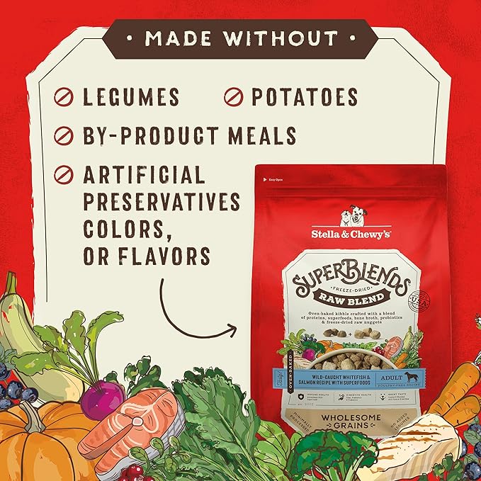 Stella & Chewy's SuperBlends Raw Blend Wholesome Grains Wild-Caught Whitefish & Salmon Recipe with Superfoods, 21 lb. Bag