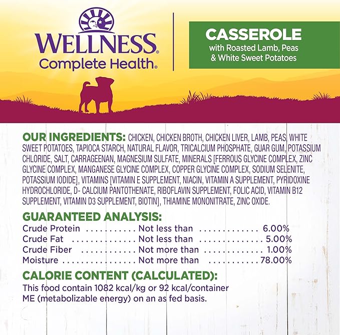 Wellness Petite Entrees Casserole Small Breed Adult Wet Dog Food, Grain Free, Natural, Roasted Lamb, Peas, and White Sweet Potatoes, 3 oz, Pack of 12 Cups
