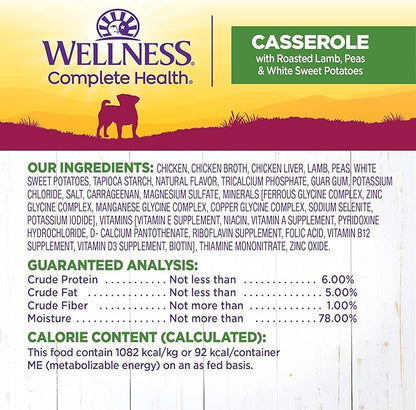 Wellness Petite Entrees Casserole Small Breed Adult Wet Dog Food, Grain Free, Natural, Roasted Lamb, Peas, and White Sweet Potatoes, 3 oz, Pack of 12 Cups