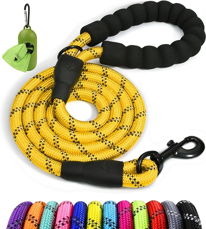 Taglory Rope Dog Leash 4 FT with Comfortable Padded Handle, Highly Reflective Threads Leash and Anti-Tangle Clip for Walking Small Dogs, 3/8 inch, Yellow