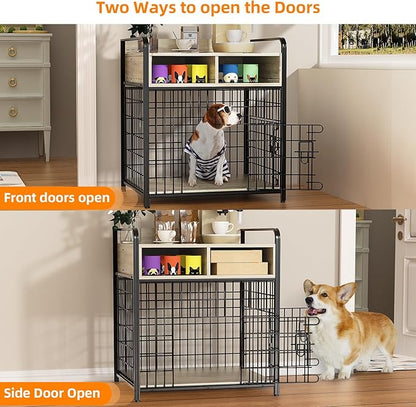 Kepptory Small Dog Crate Furniture with Drawers Storage, Puppy Dog Kennel Indoor with Double Doors, Heavy Duty Wooden Dog Cage Table, Sturdy Metal, Gray