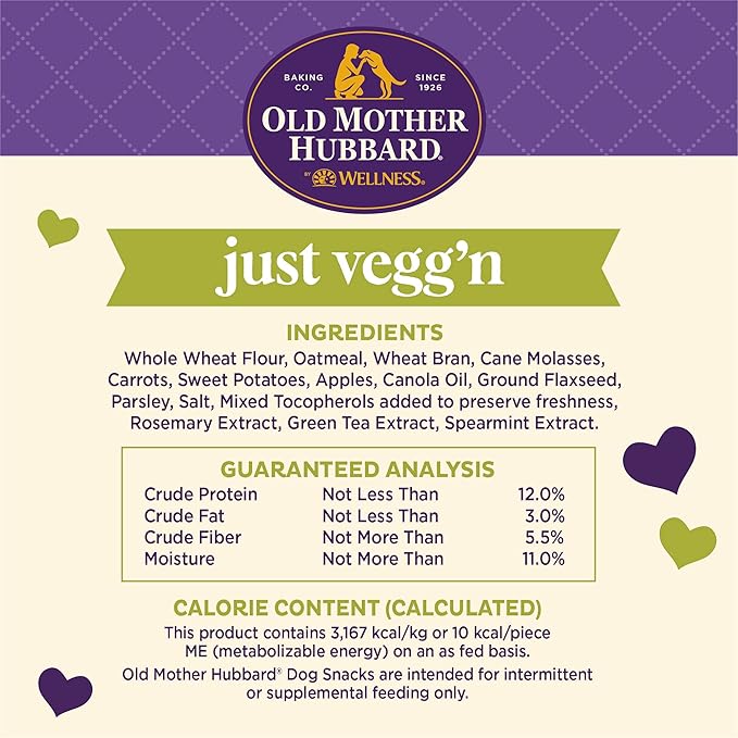 Old Mother Hubbard Wellness Just Vegg'n Dog Biscuits, Natural, Training Treats, Sweat Potato, Oats, Apples & Carrots Flavor, Mini Size, (20 Ounce Bag) (Pack of 2)