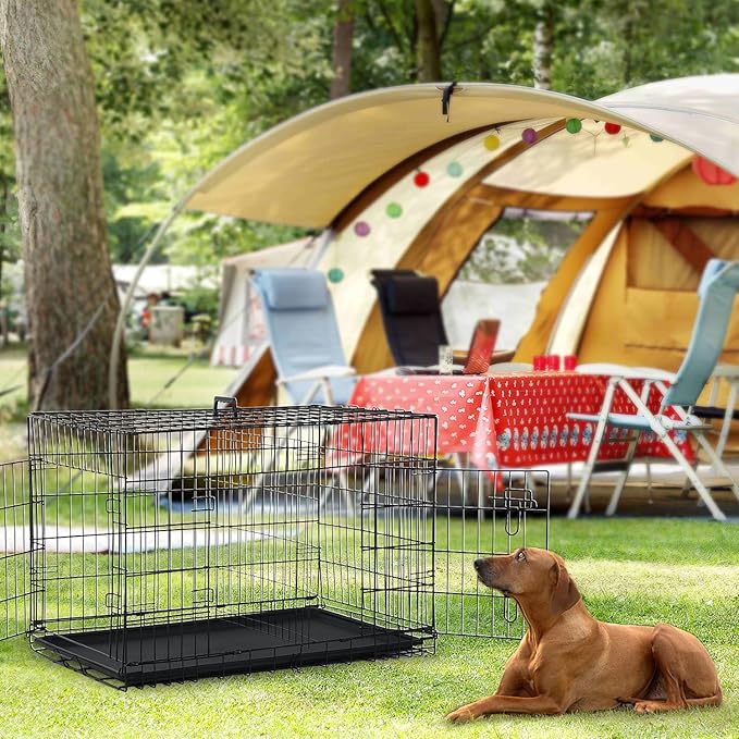 Large Dog Crate, 48 Inch Dog Cage Dual Door Metal Dog Cage with Divider Panel, Leak-Proof Pan, Indoor Outdoor Folding Pet Dog Kennel for Large Pet Animals
