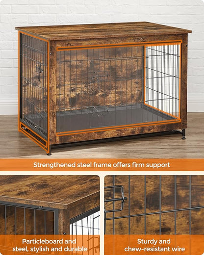 Feandrea 38.6" Dog Crate Furniture, Indoor Dog Cage Side End Table, XL Pet Wood Kennel for Large and Medium Dogs up to 70 lb with Multi-Purpose Removable Tray, Double-Door Pet House, Rustic Brown