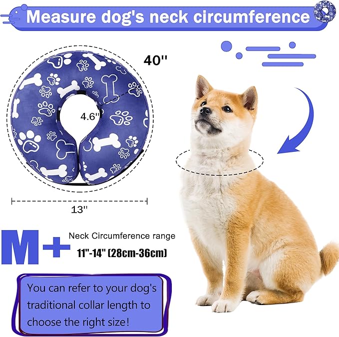 Recovery Donut Collar for Dogs & Cat,Inflatable Dog Cone Collar Alternative After Surgery,Soft Cone for Large Medium Small Dog,Adjustable Pet Neck Donut(Darkblue Bone,Medium+